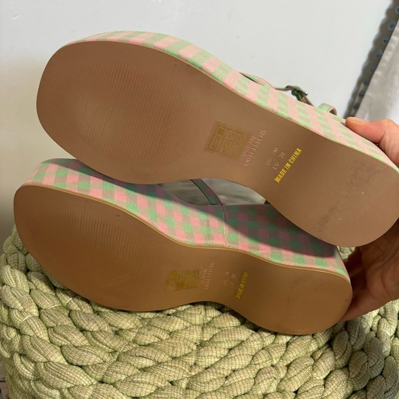 NWOB Urban Outfitters UO Nora Strappy Green/Pink Plaid Platform Wedge Sandal - Picture 10 of 15